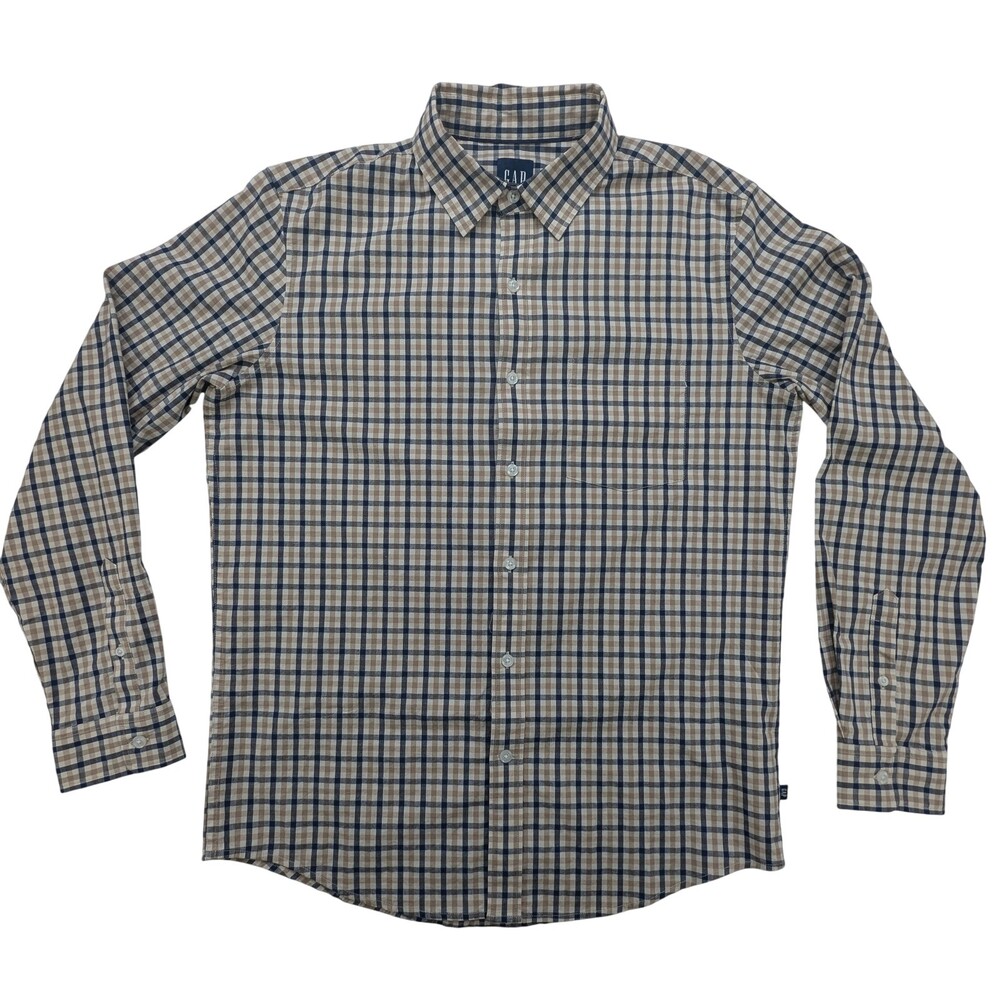 GAP Shirt Mens Medium Stretch Button Down Plaid Long Sleeve Casual Blue Tan